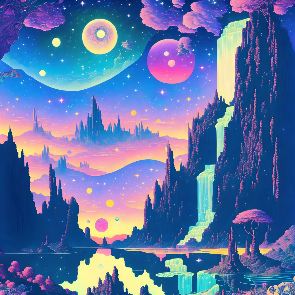 Colorful Fantasy Landscape with Celestial Bodies and Reflective Water