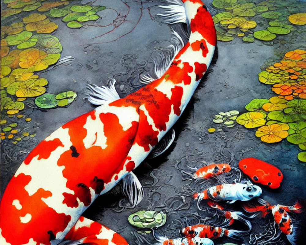 Colorful Koi Fish Swimming Among Lily Pads in Pond