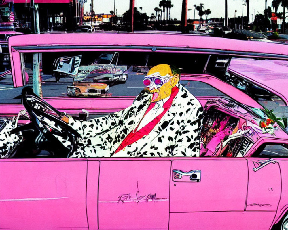 Stylized image of person in cow-print jacket driving pink convertible