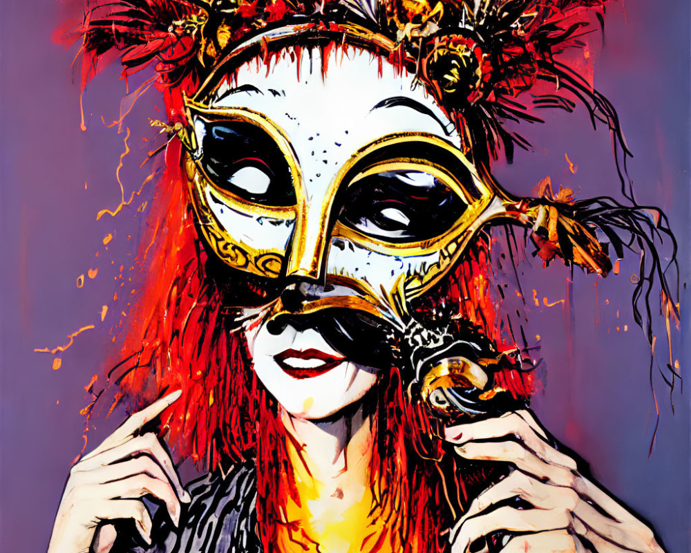 Colorful painting of person in golden mask with feathers against purple and red backdrop