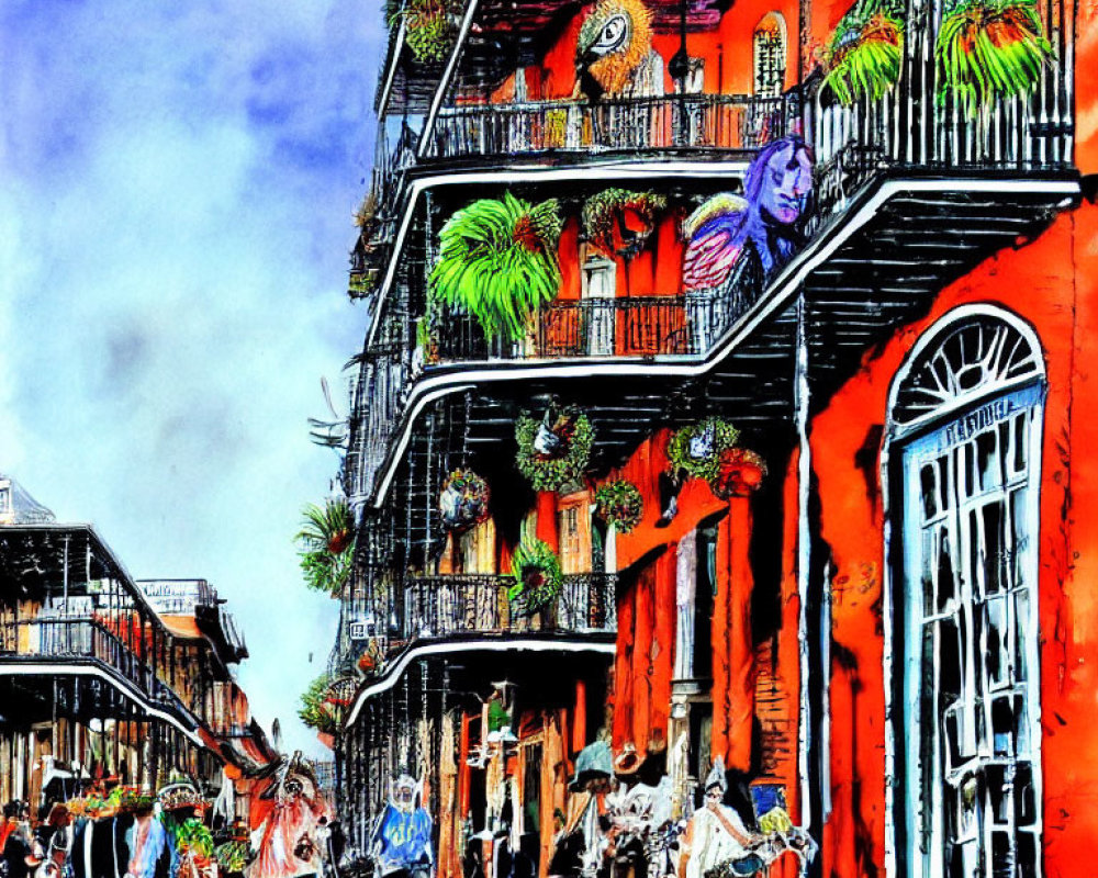 Vibrant street scene with colorful buildings and green plant-adorned balconies