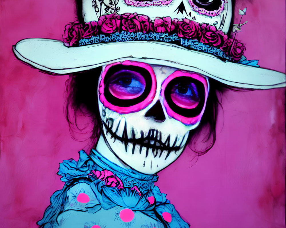 Colorful Skull Face Paint Person with Flowered Hat on Pink Background