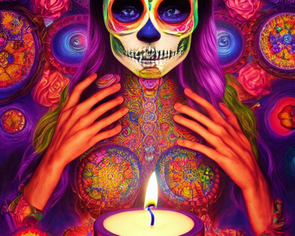 Colorful Artwork: Person with Skull Face Paint, Purple Hair, Candle, and Floral Patterns