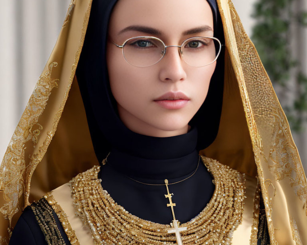 Woman in glasses wearing black hijab and cross necklace over traditional attire