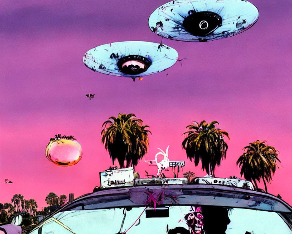 Surreal flying saucers and skull car in pink sky illustration