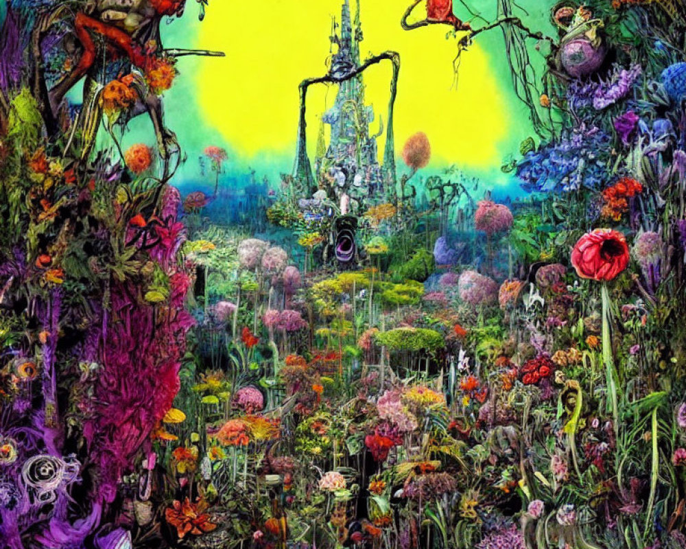 Colorful Psychedelic Garden Illustration with Flowers, Plants, Insects, and Castle