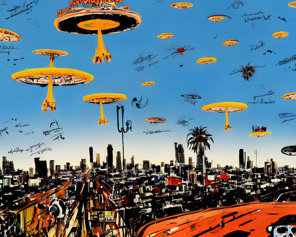 Colorful comic-style cityscape with flying saucers and airborne objects in blue sky