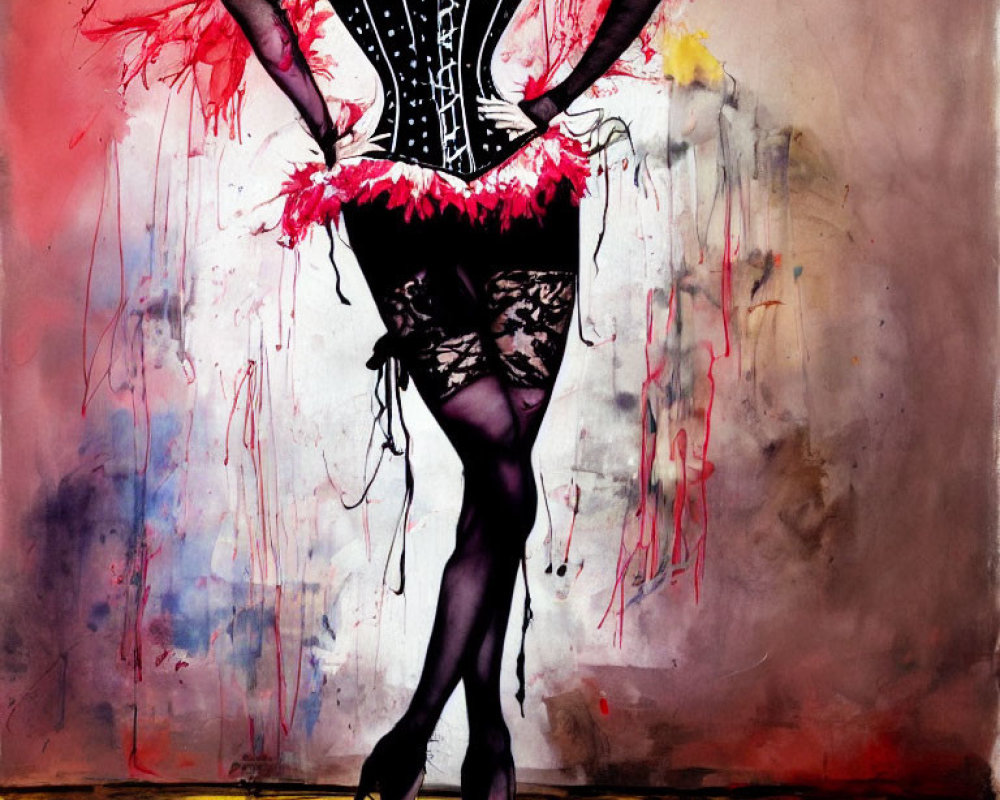 Person in Black Corset with Pink Feathers and Lace Details against Paint Splatter Backdrop