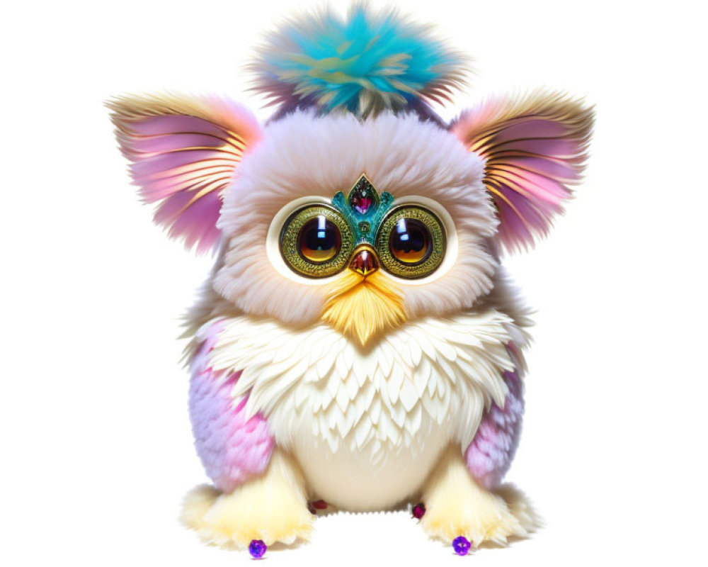 Colorful fluffy creature with large eyes and feathered wings