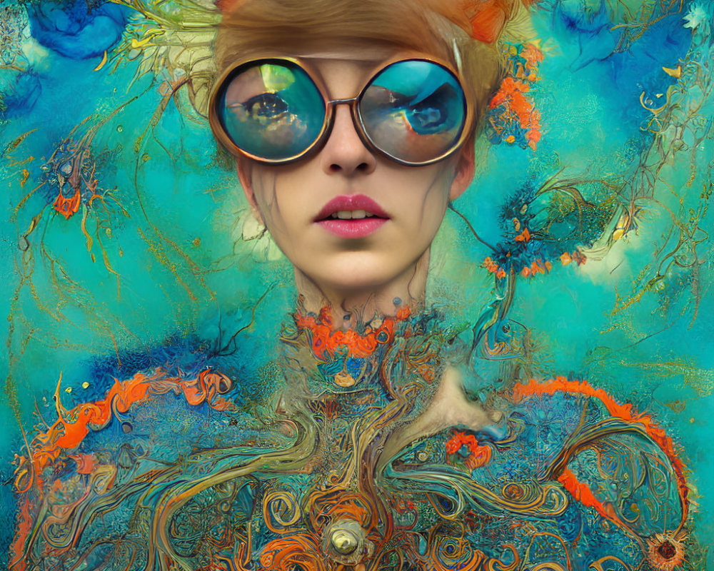 Abstract portrait with round sunglasses in vibrant blue and orange patterns