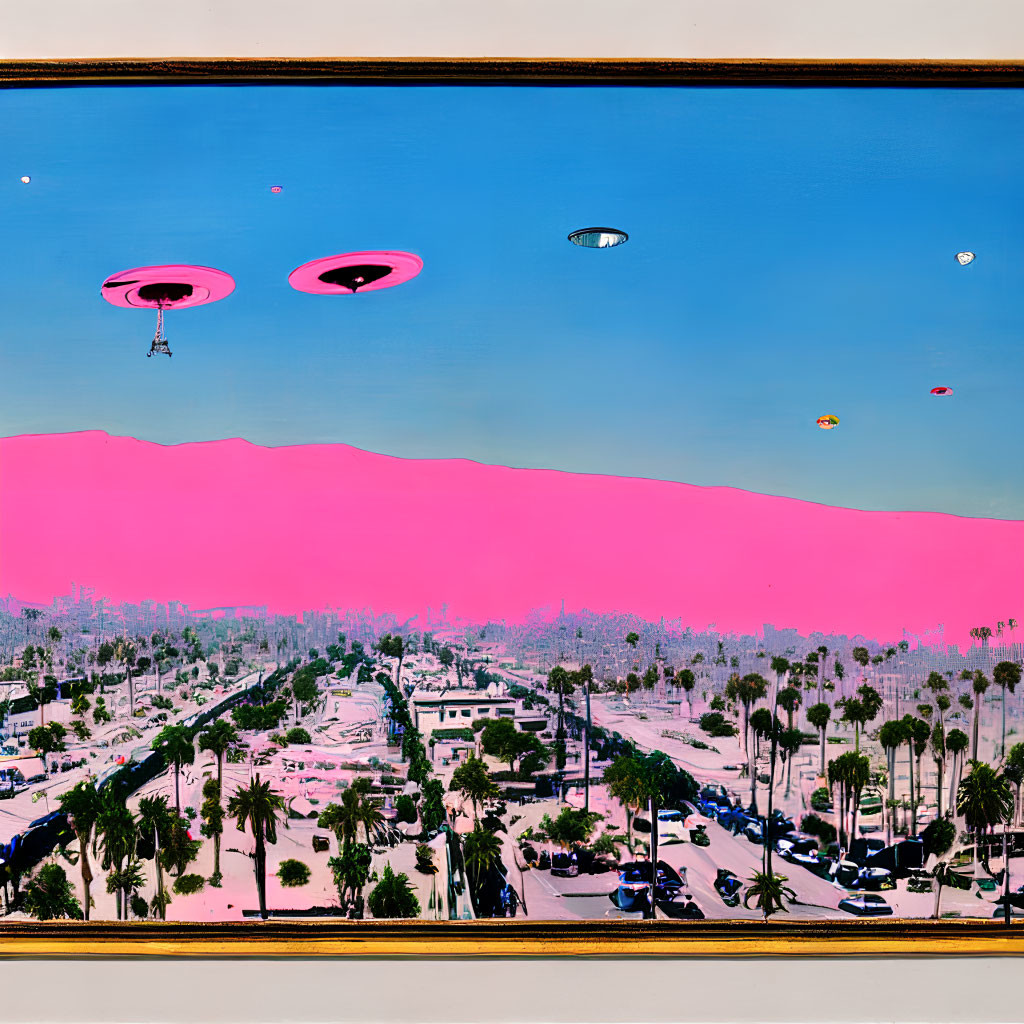 Colorful urban landscape with flying saucers and blimp under pink sky