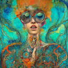 Abstract portrait with round sunglasses in vibrant blue and orange patterns