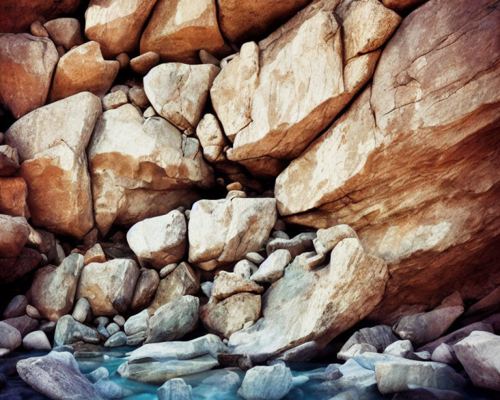 Tranquil rocky landscape above clear blue water