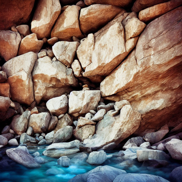 Tranquil rocky landscape above clear blue water