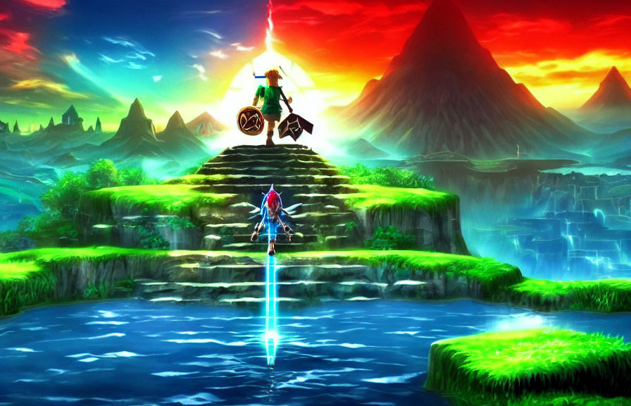 Colorful video game scene: character on water, facing another on pyramid hill with mountains and sunrise/s