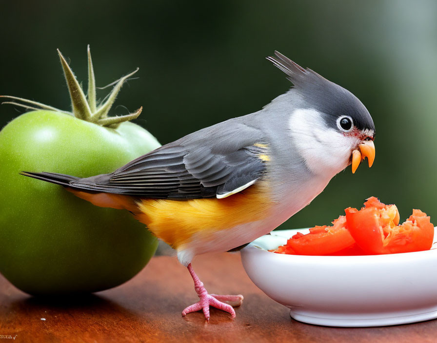 Vibrant bird eating tomato beside green tomatoes on table