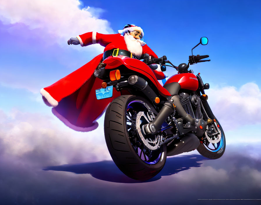 Santa Claus in Red Suit Riding Motorcycle Above Clouds