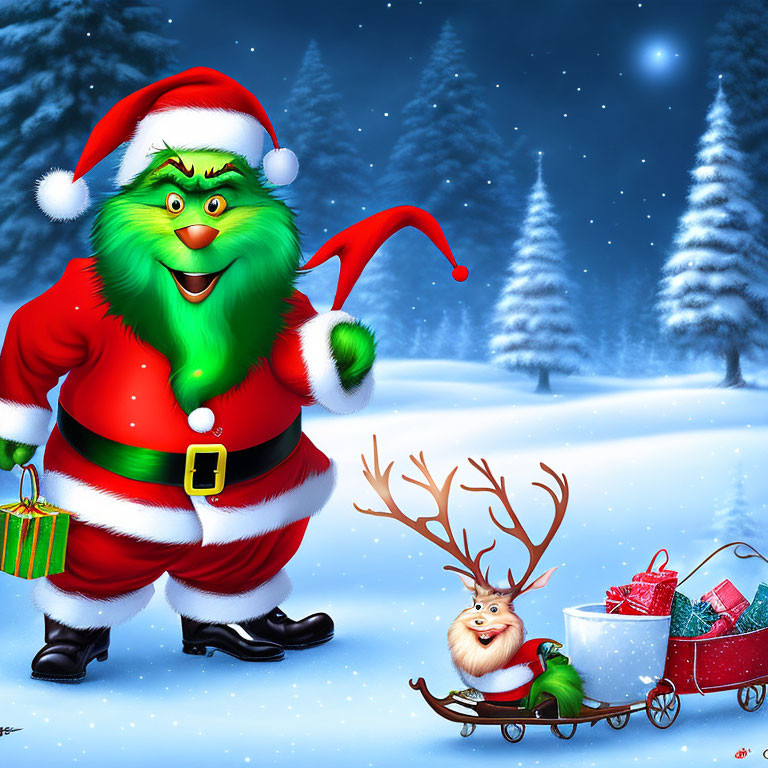 Green Santa-like Character and Reindeer with Sleigh in Snowy Forest Night