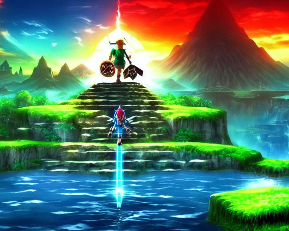 Colorful video game scene: character on water, facing another on pyramid hill with mountains and sunrise/s