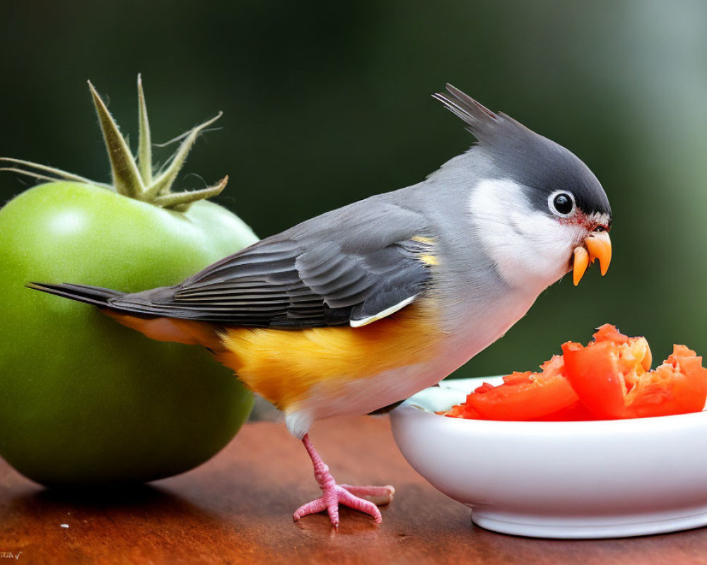 Vibrant bird eating tomato beside green tomatoes on table