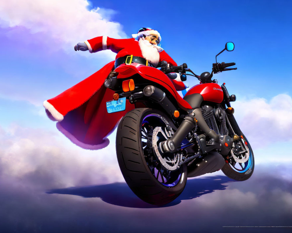 Santa Claus in Red Suit Riding Motorcycle Above Clouds