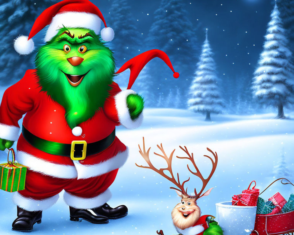 Green Santa-like Character and Reindeer with Sleigh in Snowy Forest Night