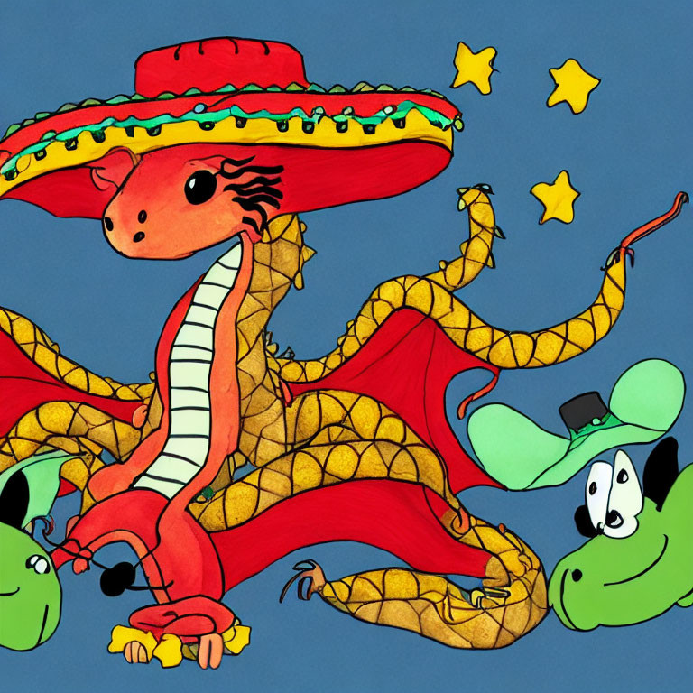 Red Dragon in Sombrero Surrounded by Serpents in Hats on Blue Background