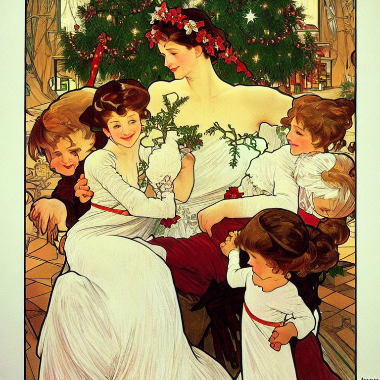 Vintage Christmas illustration: Woman in white dress with children, festive decor.