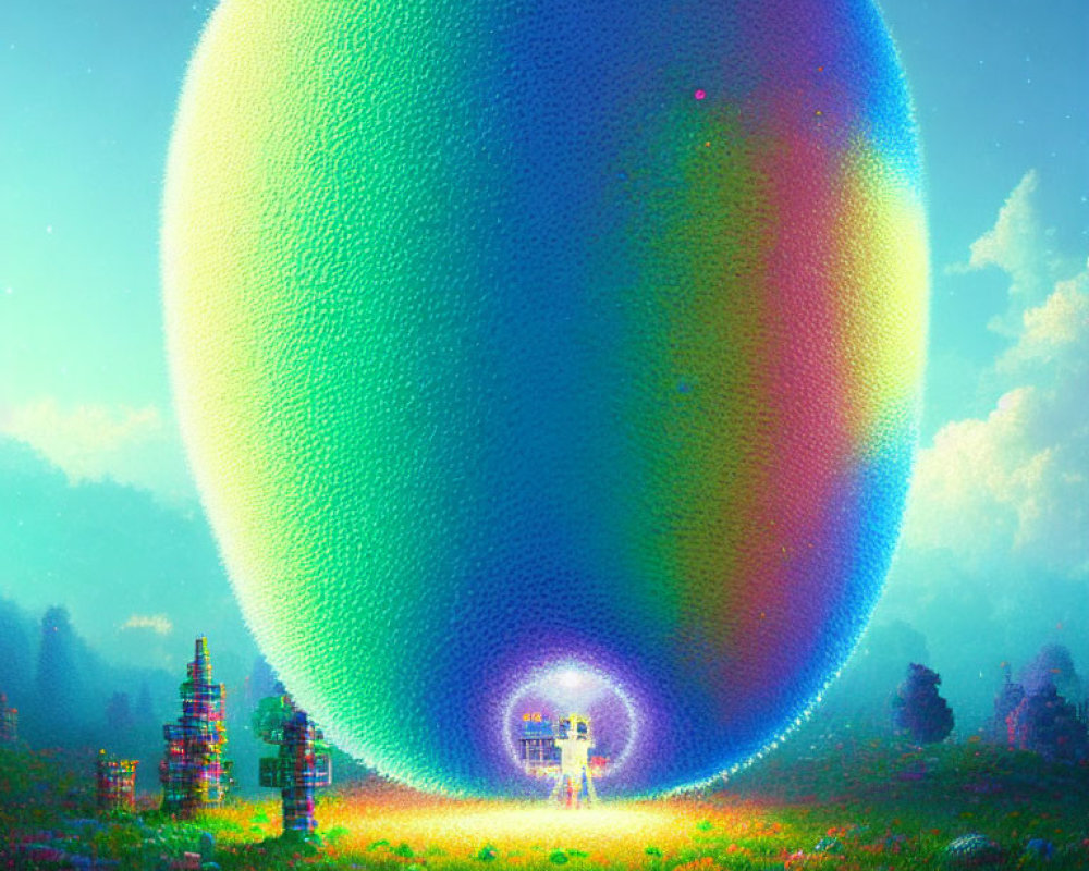 Vibrant meadow with massive iridescent orb and futuristic structures