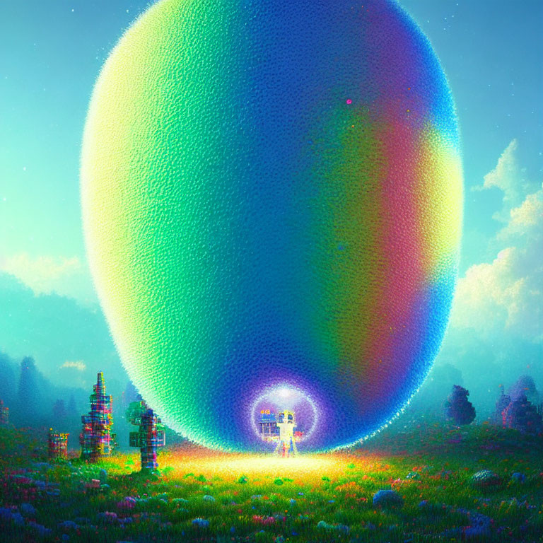 Vibrant meadow with massive iridescent orb and futuristic structures