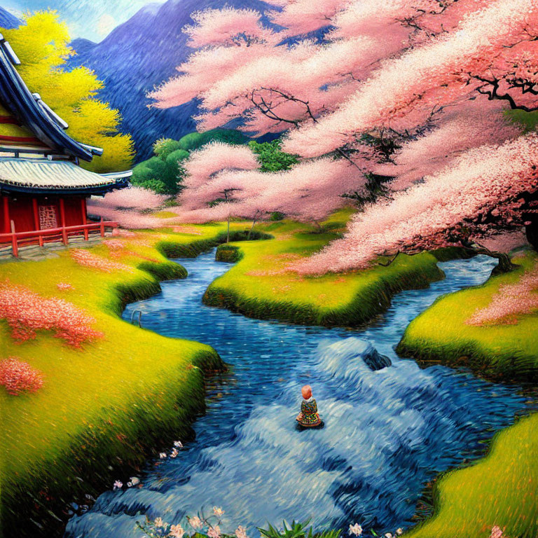 Colorful painting: Person in boat on river with cherry blossoms, traditional architecture, mountains.