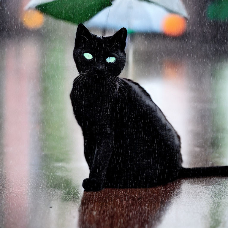 Black cat with green eyes in rain with colorful umbrella