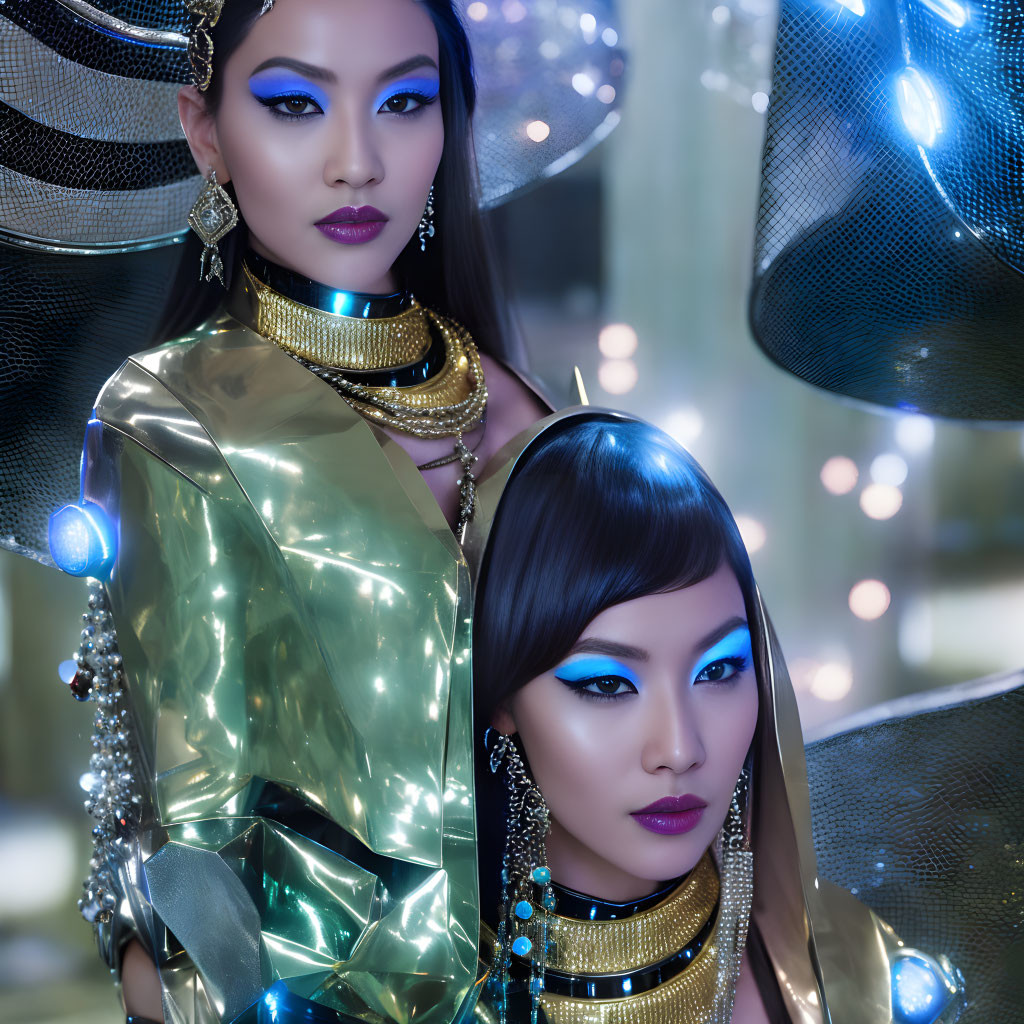 Futuristic women in metallic outfits with blue makeup and stylish hats surrounded by glowing lights