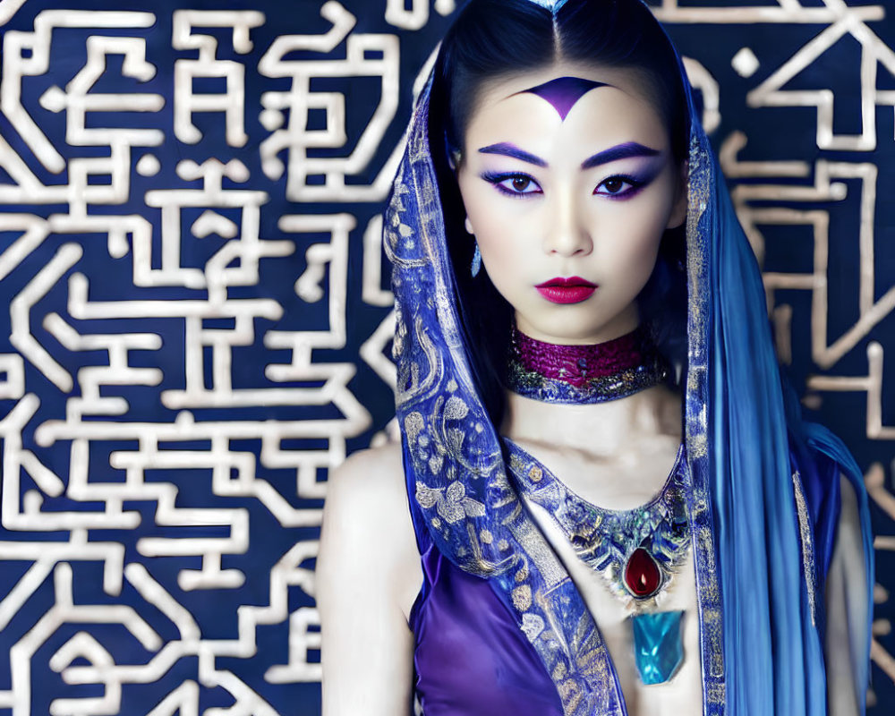 Elaborately dressed woman with blue headdress and purple outfit against patterned backdrop