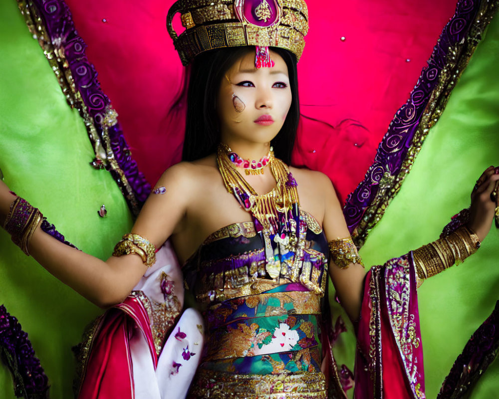 Elaborate traditional Asian attire with golden crown and jewelry on vibrant pink backdrop