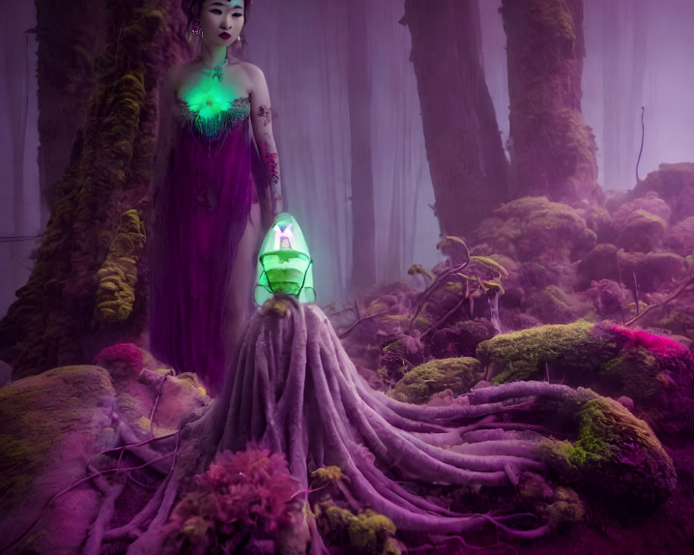 Woman in purple fantasy gown with green lantern in misty forest