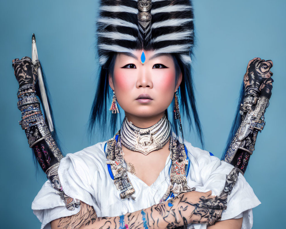 Blue-haired person in tribal makeup wearing fur headdress, silver necklaces, and tattoos on blue backdrop