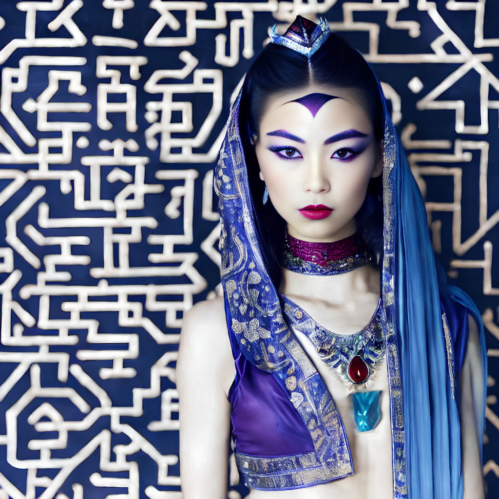 Elaborately dressed woman with blue headdress and purple outfit against patterned backdrop