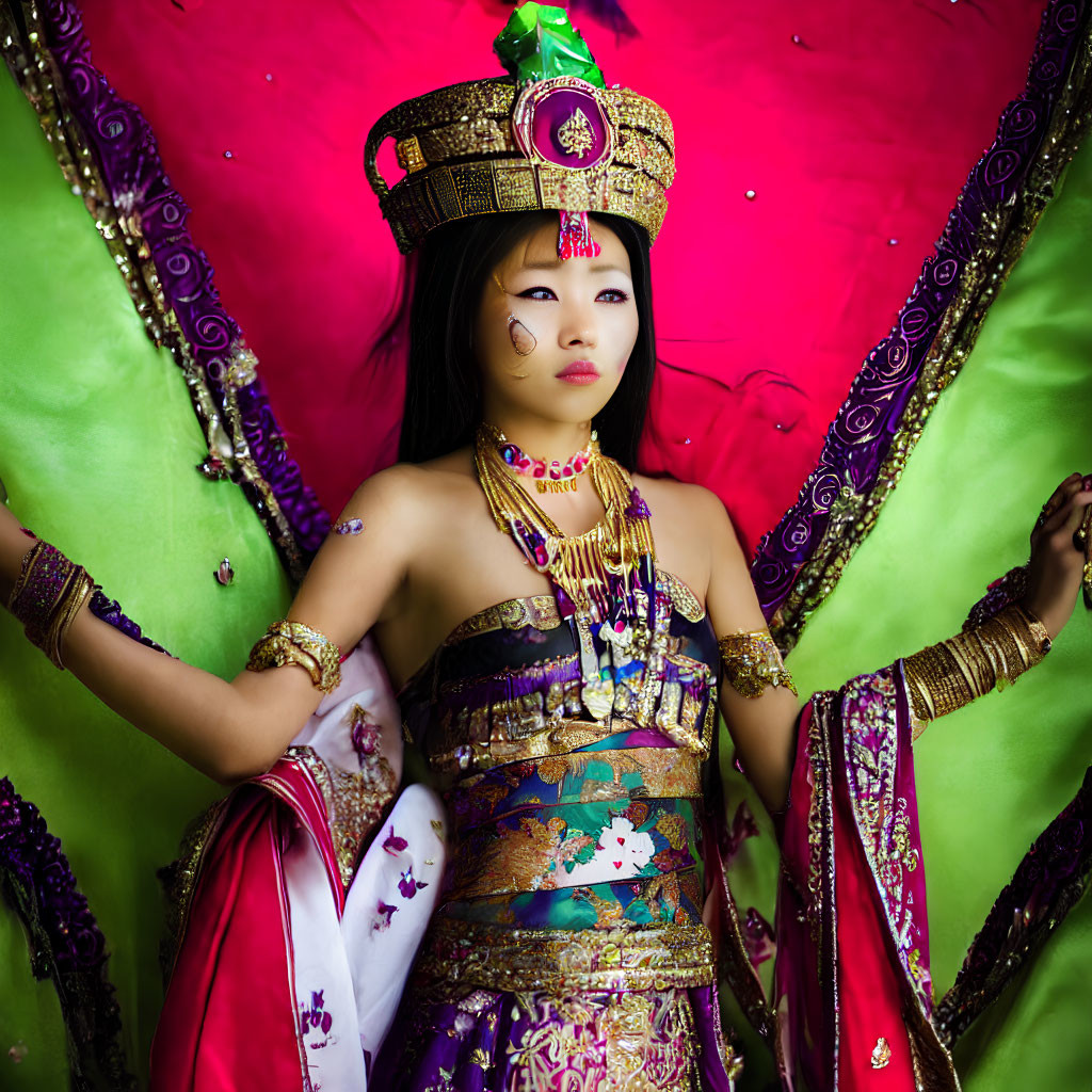 Elaborate traditional Asian attire with golden crown and jewelry on vibrant pink backdrop