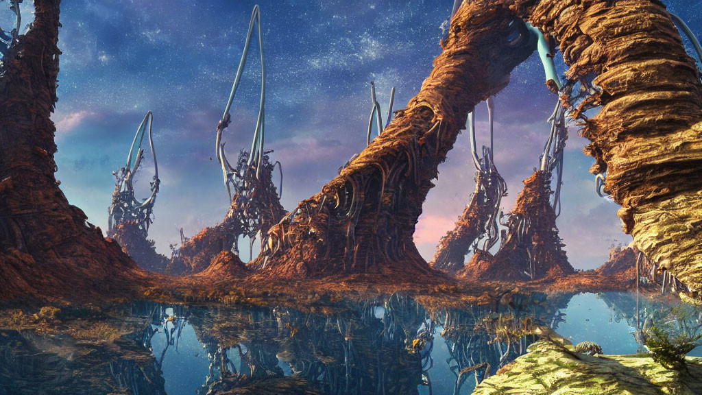 Vivid Sci-Fi Landscape with Alien Structures and Starry Sky