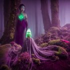 Woman in purple fantasy gown with green lantern in misty forest