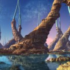 Vivid Sci-Fi Landscape with Alien Structures and Starry Sky