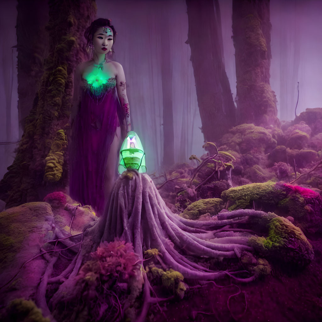 Woman in purple fantasy gown with green lantern in misty forest