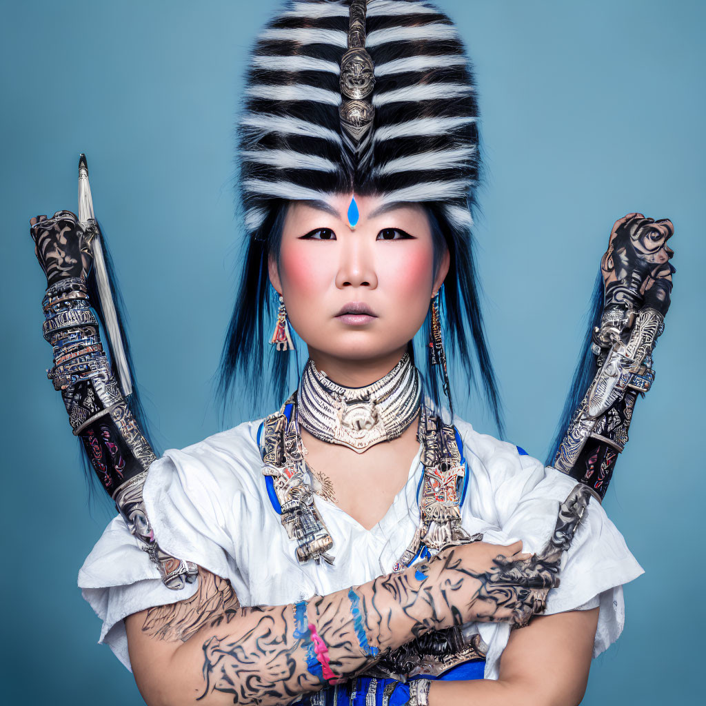 Blue-haired person in tribal makeup wearing fur headdress, silver necklaces, and tattoos on blue backdrop