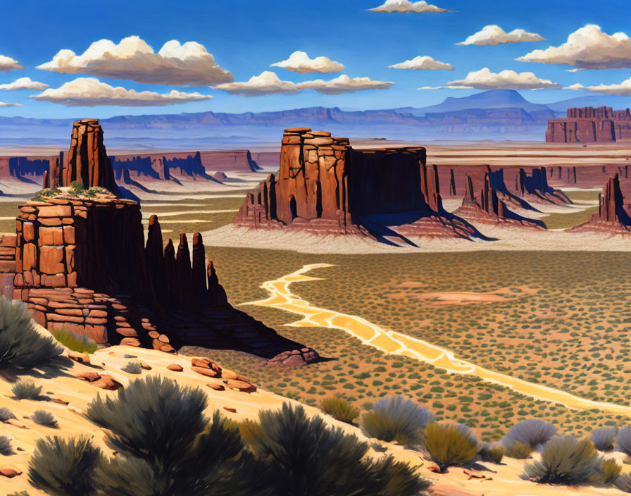 Desert landscape with red rock formations and dirt path