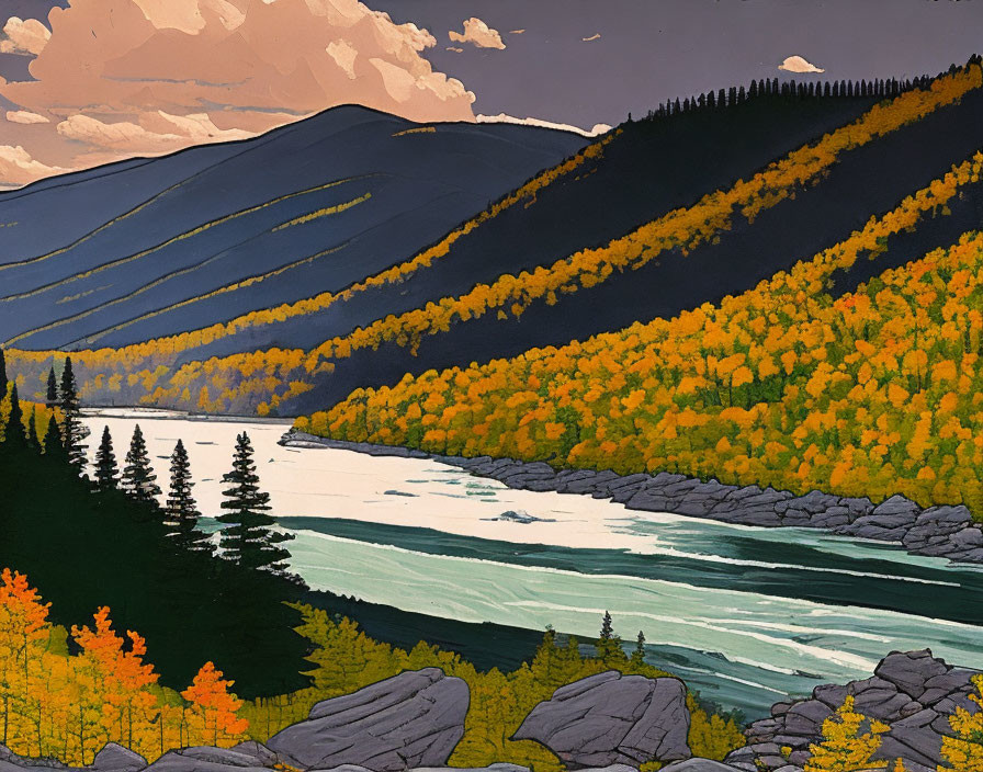 Scenic autumn forest painting with river and mountains