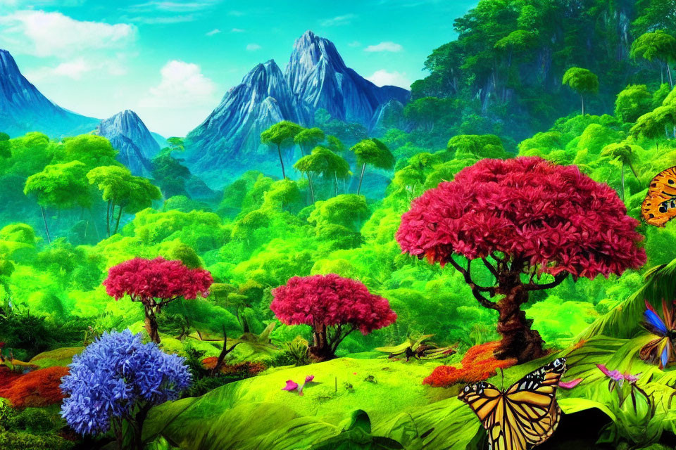 Colorful Foliage and Majestic Mountains with Butterflies in Vibrant Landscape