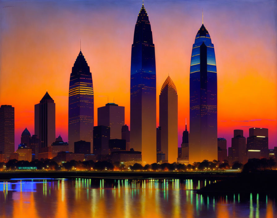 City skyline with vibrant orange and red sunset sky and reflective skyscrapers