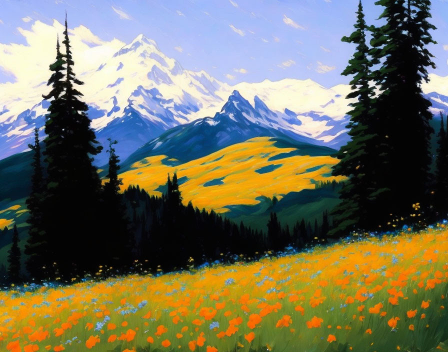 Colorful landscape with wildflowers, pine trees, and mountain under blue sky