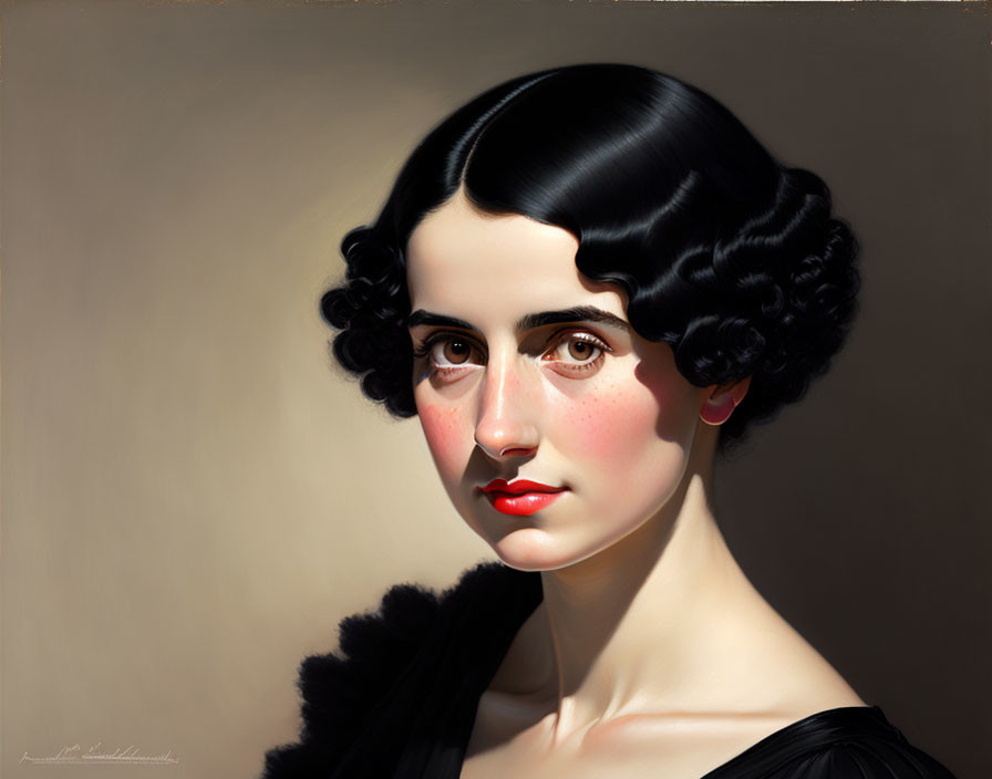 Portrait of Woman with Black Curly Hair and Red Lips